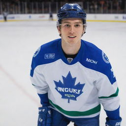 Ice hockey player named Jack Hughes wearing a Vancouver jersey, skating on an ice rink