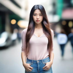 A beautiful Asian girl with a surprised facial expression, standing in a casual setting