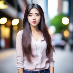 A beautiful Asian girl with a surprised facial expression, standing in a casual setting