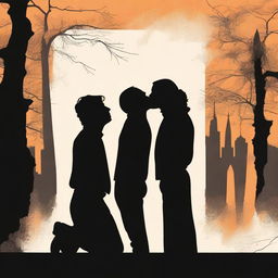 A silhouette of a guy watching two other guys kiss, set against a dramatic and artistic background