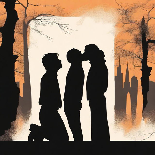 A silhouette of a guy watching two other guys kiss, set against a dramatic and artistic background