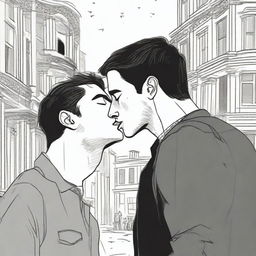 A drawing of a guy crying while watching two other guys kiss, set against a dramatic and artistic background