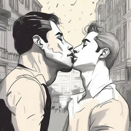 A drawing of a guy crying while watching two other guys kiss, set against a dramatic and artistic background