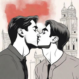 A drawing of a guy crying while watching two other guys kiss, set against a dramatic and artistic background