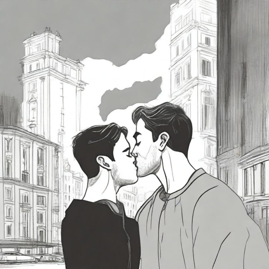 A drawing of a guy crying while watching two other guys kiss, set against a dramatic and artistic background