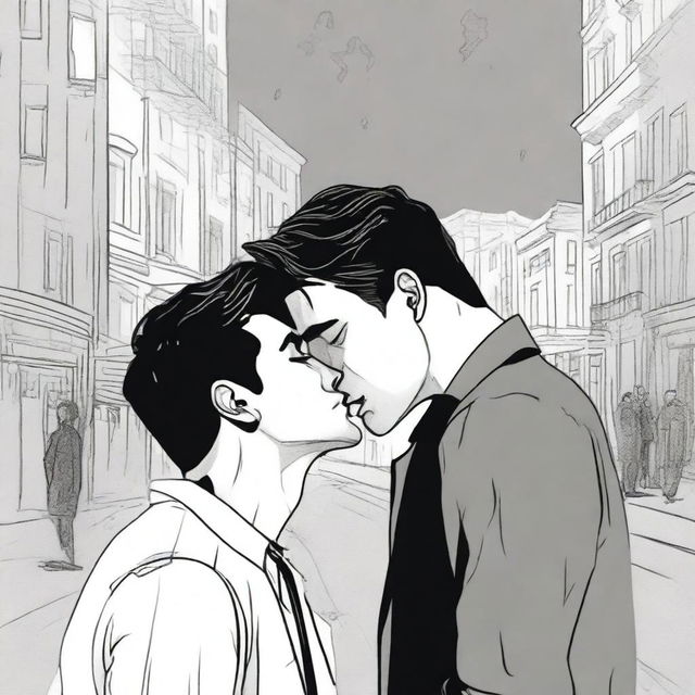 A drawing of a guy crying while watching two other guys kiss, set against a dramatic and artistic background