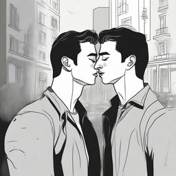 A drawing of a guy crying while watching two other guys kiss, set against a dramatic and artistic background