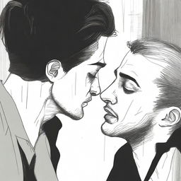 A drawing of a guy crying while watching two other guys kiss, set against a dramatic and artistic background