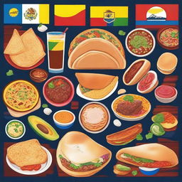 A vibrant and colorful image featuring a variety of traditional Latin American foods such as tacos, empanadas, arepas, ceviche, and feijoada