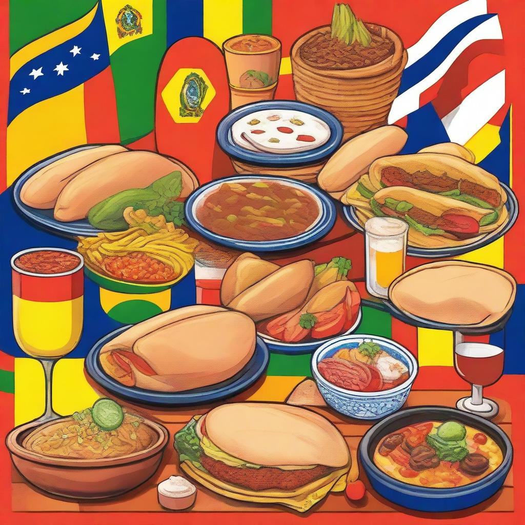 A vibrant and colorful image featuring a variety of traditional Latin American foods such as tacos, empanadas, arepas, ceviche, and feijoada