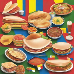 A vibrant and colorful image featuring a variety of traditional Latin American foods such as tacos, empanadas, arepas, ceviche, and feijoada