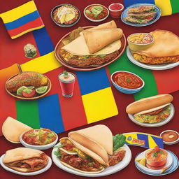 A vibrant and colorful image featuring a variety of traditional Latin American foods such as tacos, empanadas, arepas, ceviche, and feijoada