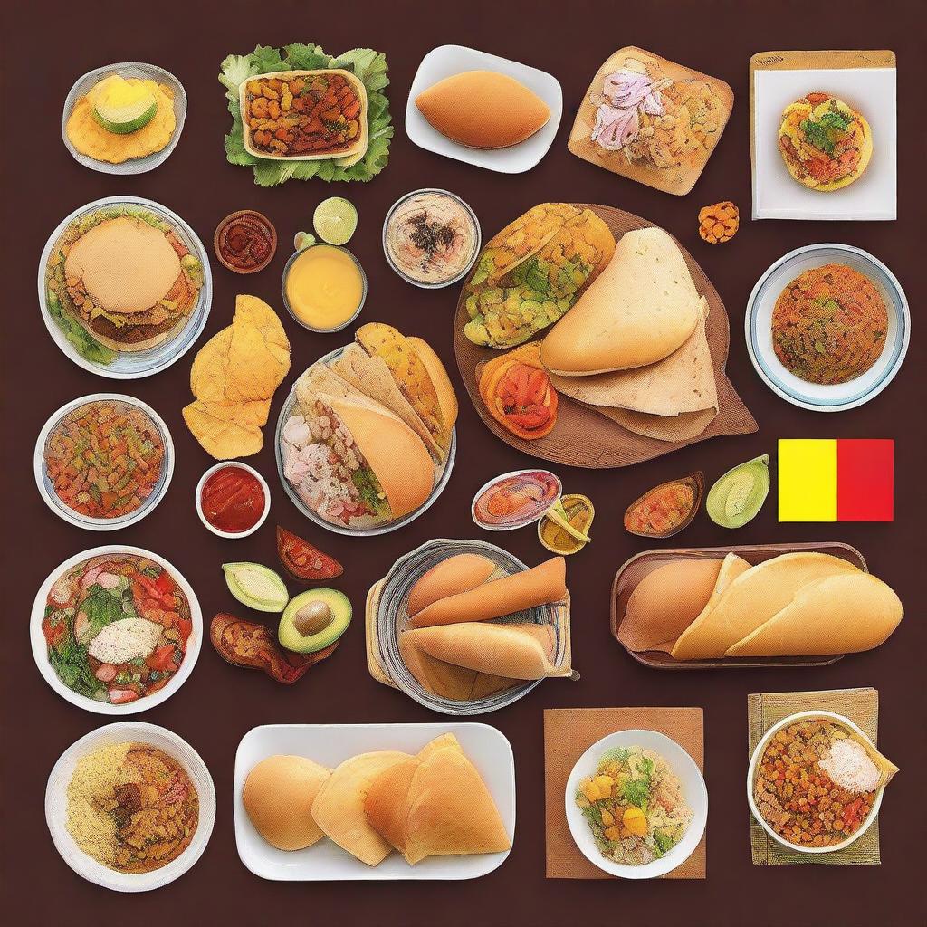 A tasteful and elegant image featuring a variety of traditional Latin American foods such as tacos, empanadas, arepas, ceviche, and feijoada