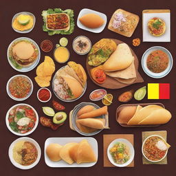 A tasteful and elegant image featuring a variety of traditional Latin American foods such as tacos, empanadas, arepas, ceviche, and feijoada