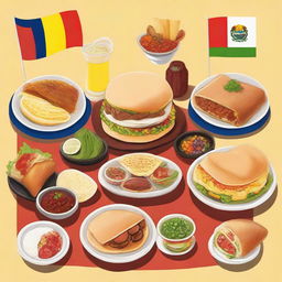 A tasteful and elegant image featuring a variety of traditional Latin American foods such as tacos, empanadas, arepas, ceviche, and feijoada