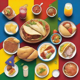 A tasteful and elegant image featuring a variety of traditional Latin American foods such as tacos, empanadas, arepas, ceviche, and feijoada