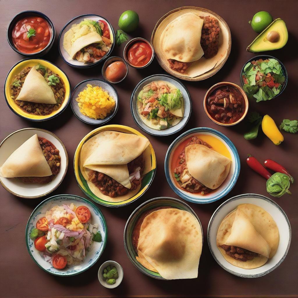 An aesthetically pleasing and elegant image featuring a variety of traditional Latin American foods such as tacos, empanadas, arepas, ceviche, and feijoada