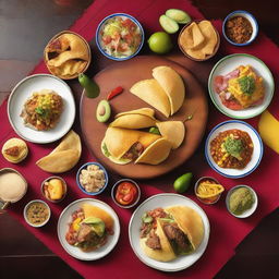 An aesthetically pleasing and elegant image featuring a variety of traditional Latin American foods such as tacos, empanadas, arepas, ceviche, and feijoada