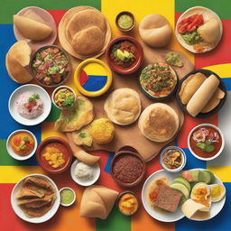 An aesthetically pleasing and elegant image featuring a variety of traditional Latin American foods such as tacos, empanadas, arepas, ceviche, and feijoada