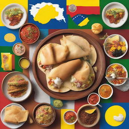 An aesthetically pleasing and elegant image featuring a variety of traditional Latin American foods such as tacos, empanadas, arepas, ceviche, and feijoada