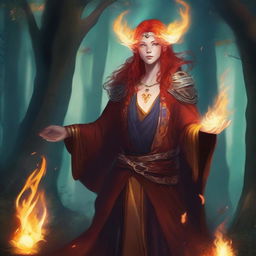 A fire genasi druid standing in a mystical forest, with flames gently swirling around their hands