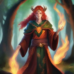 A fire genasi druid standing in a mystical forest, with flames gently swirling around their hands