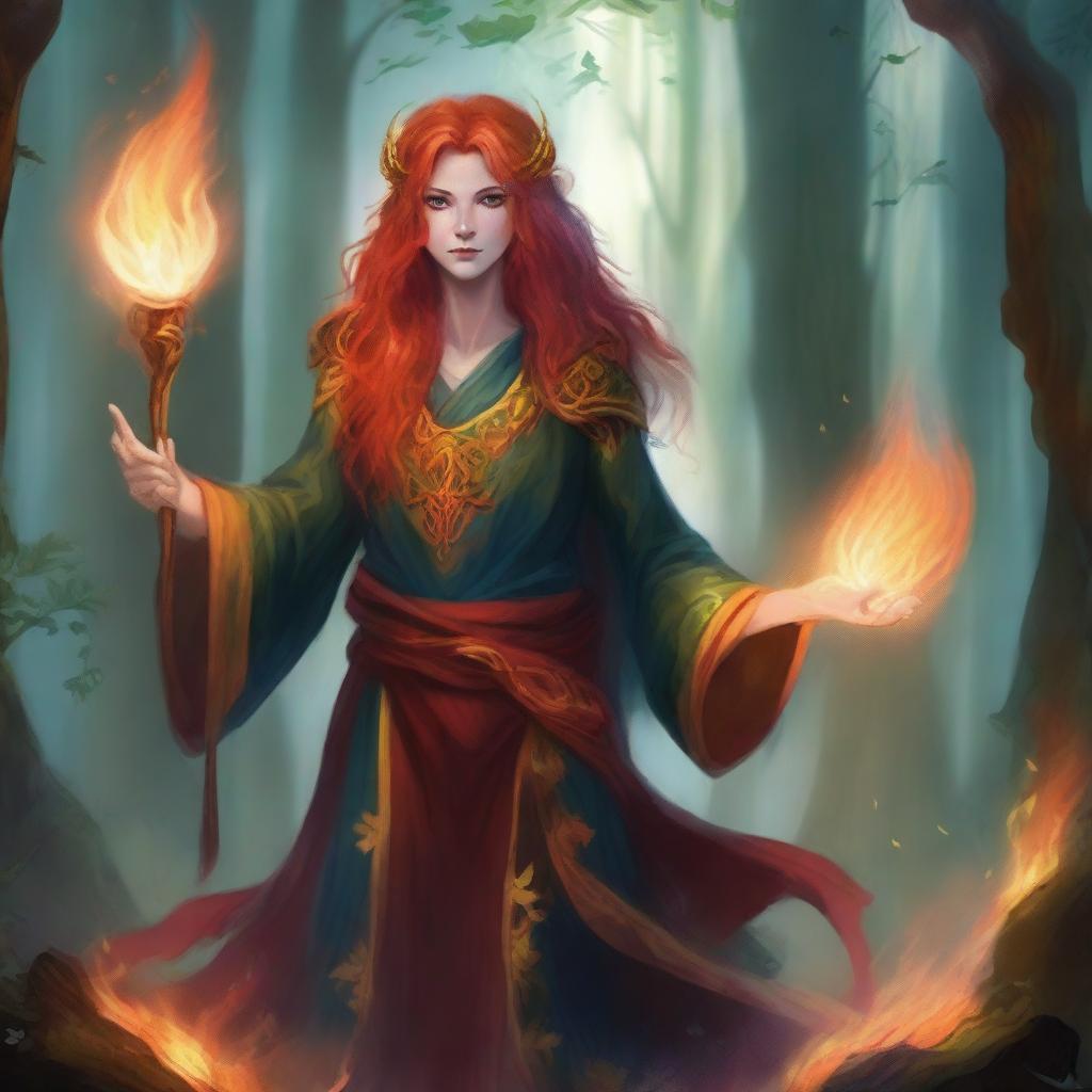 A fire genasi druid standing in a mystical forest, with flames gently swirling around their hands