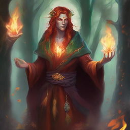 A fire genasi druid standing in a mystical forest, with flames gently swirling around their hands