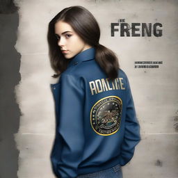 Create a book cover featuring a brunette teen girl with her back turned, wearing an FBI jacket