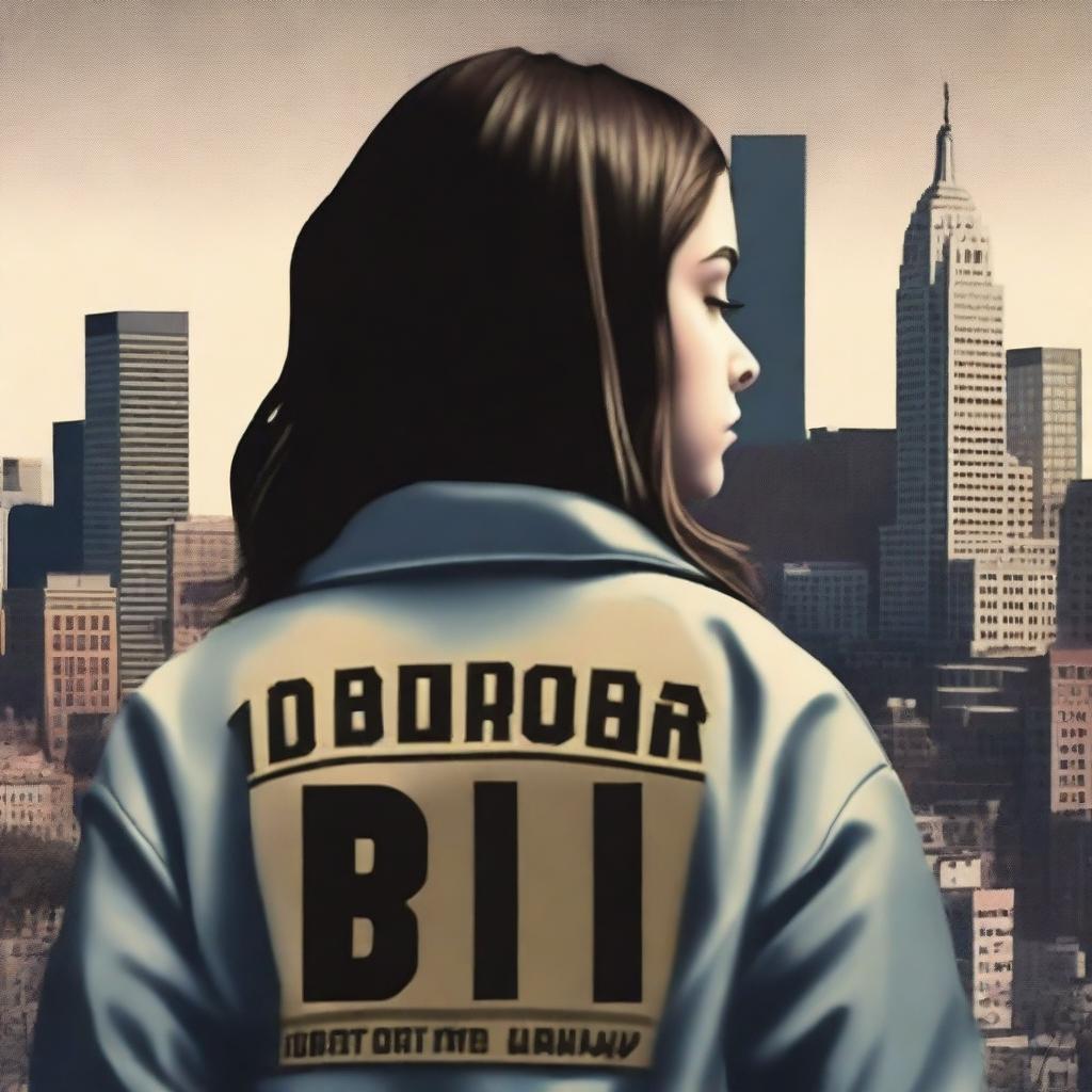 Create a book cover featuring a brunette teen girl with her back turned, wearing an FBI jacket