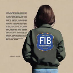 Create a book cover featuring a brunette teen girl with her back turned, wearing an FBI jacket