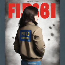 Create a book cover featuring a brunette teen girl with her back turned, wearing an FBI jacket