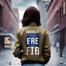 Create a book cover featuring a brunette teen girl with her back turned, wearing an FBI jacket