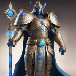 A majestic Genasi Earth Paladin clad in intricate, gleaming armor