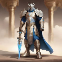 A majestic Genasi Earth Paladin clad in intricate, gleaming armor