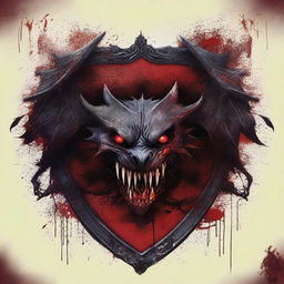 A detailed and bloody family crest depicting a monstrous creature with sharp fangs and claws