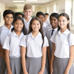 A group of high school boys and girls wearing white and grey uniforms, standing together and smiling