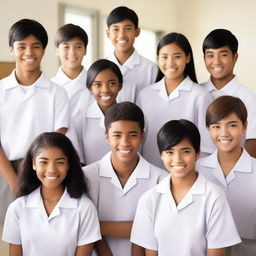 A group of high school boys and girls wearing white and grey uniforms, standing together and smiling