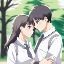 Two people, one male and one female, wearing white and gray school uniforms, embracing each other in a warm hug