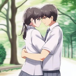 Two people, one male and one female, wearing white and gray school uniforms, embracing each other in a warm hug