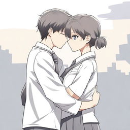 Two people, one male and one female, wearing white and gray school uniforms, embracing each other in a warm hug