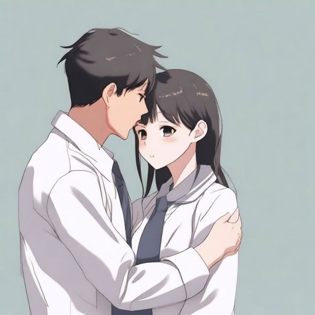 Two people, one male and one female, wearing white and gray school uniforms, embracing each other in a warm hug