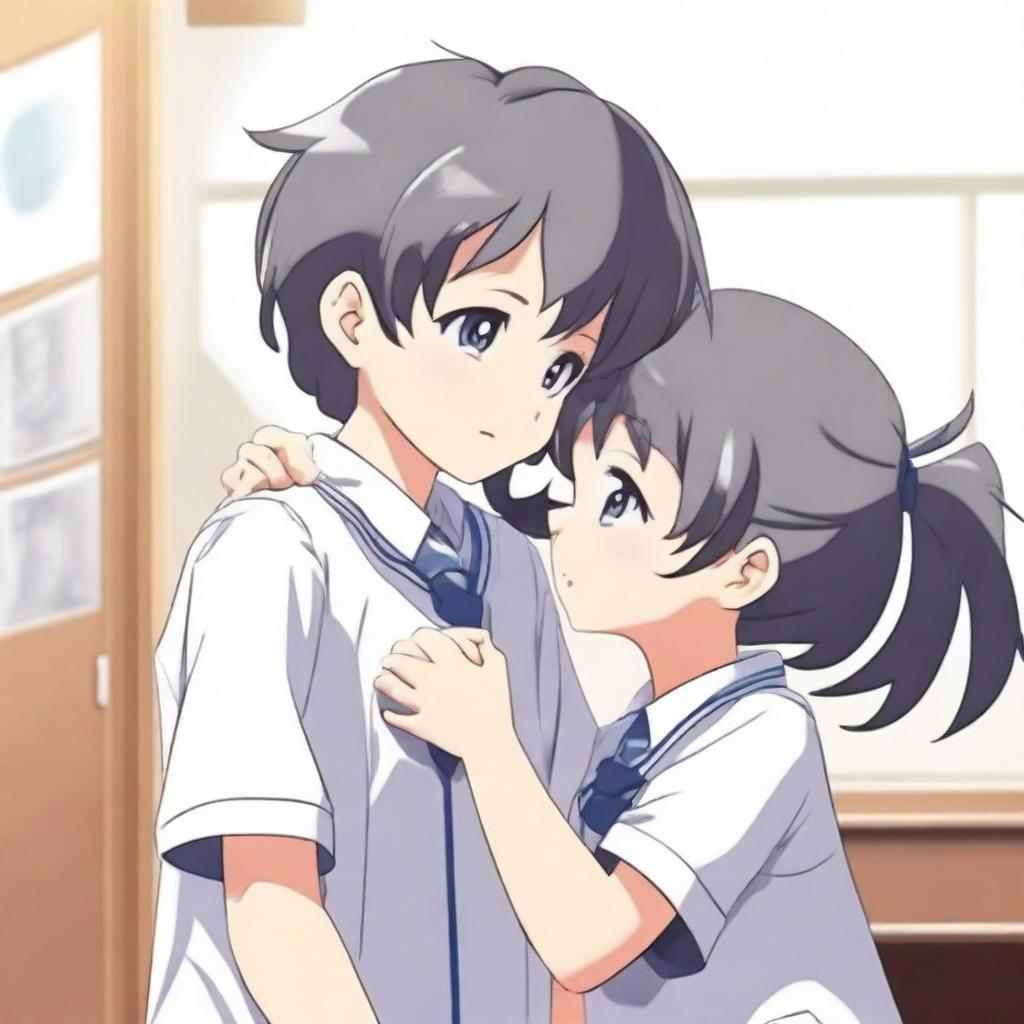 Two cartoon characters, a boy and a girl, wearing white and gray school uniforms, hugging each other in a high-definition image