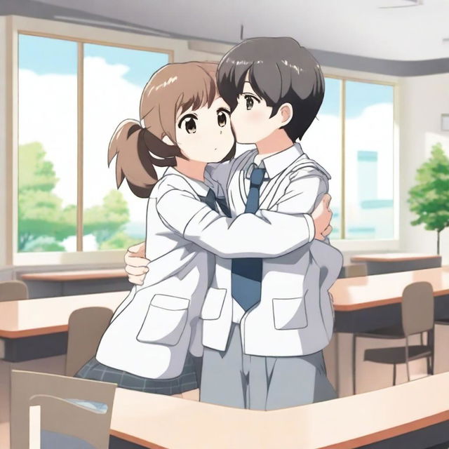 Two cartoon characters, a boy and a girl, wearing white and gray school uniforms, hugging each other in a high-definition image