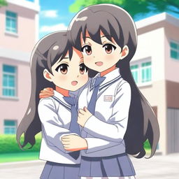 Two cartoon characters, a boy and a girl, wearing white and gray school uniforms, hugging each other in a high-definition image