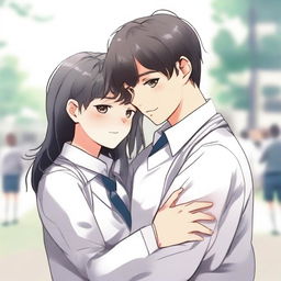 A realistic image of two high school students, one male and one female, wearing white and gray uniforms