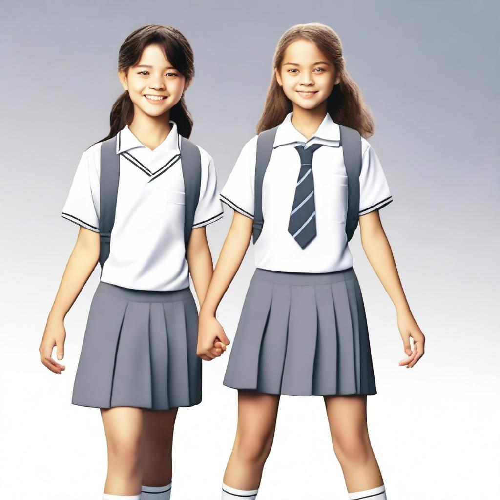 A realistic image of a teenage boy and girl wearing white and gray school uniforms