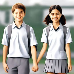 A realistic image of a teenage boy and girl wearing white and gray school uniforms