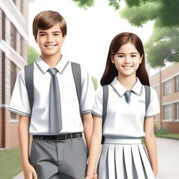 A realistic image of a teenage boy and girl wearing white and gray school uniforms