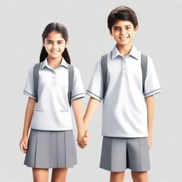 A realistic image of a teenage boy and girl wearing white and gray school uniforms